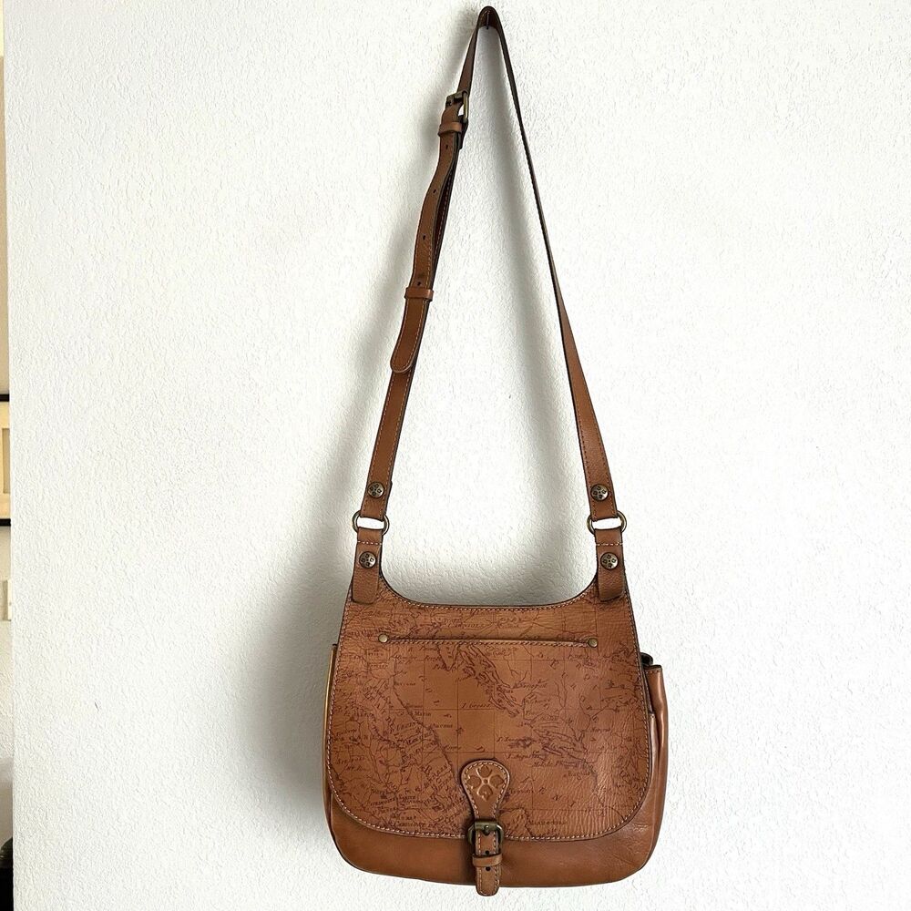 Patricia Nash Braidi Signature Map Collection Brown Leather Large Saddle Bag